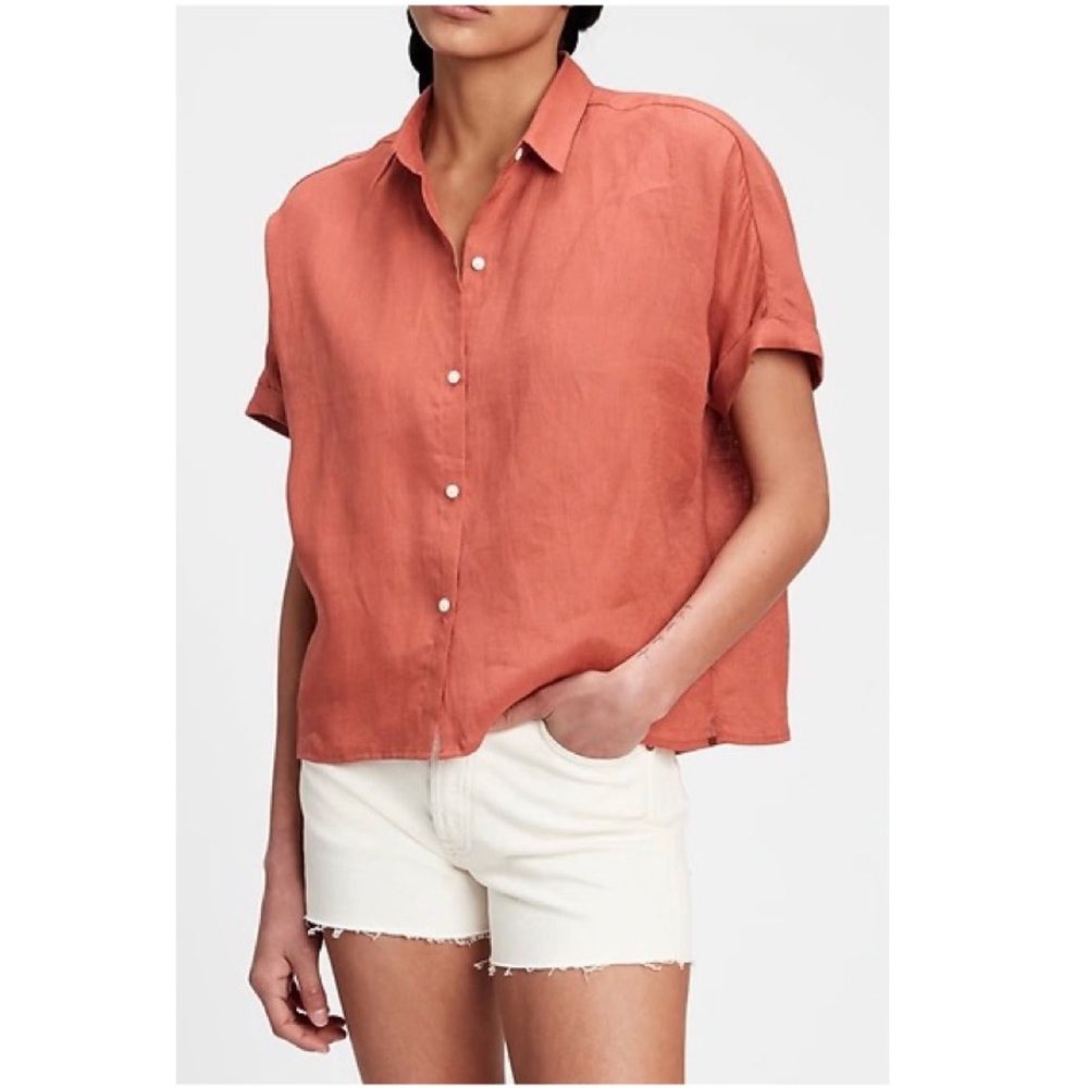 Gap Short Sleeve Dolman Linen Shirt Women’s Collared Boxy Button Front Top in XL - Picture 15 of 15